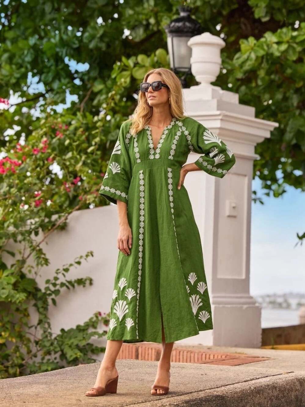 Jude Connally Garden Green Clementine Embroidered Long Sleeve Caftan Dress XS